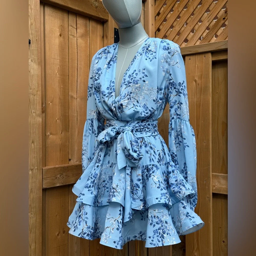 🆕 BRONX & BANCO 🧿 NWOT Bedouin Blue Poppy Tiered Mini Dress - Sz XS US